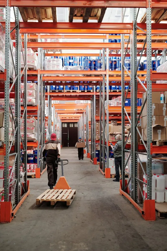 Long warehouse aisle with high racking and a pallet jack in the foreground