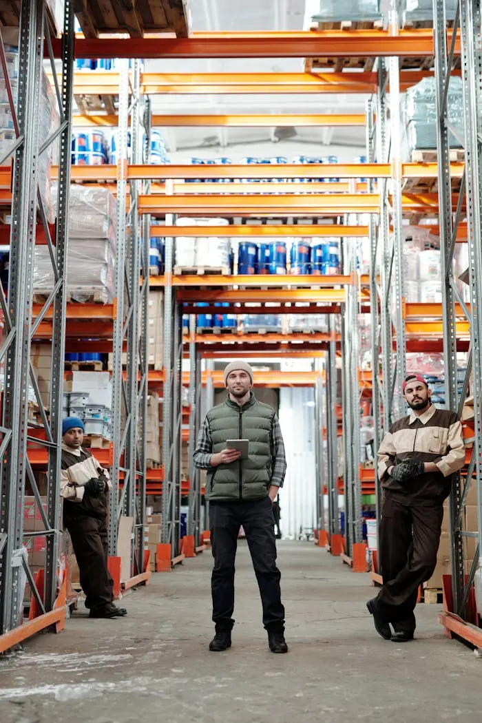 Three warehouse staff standing in a racking aisle